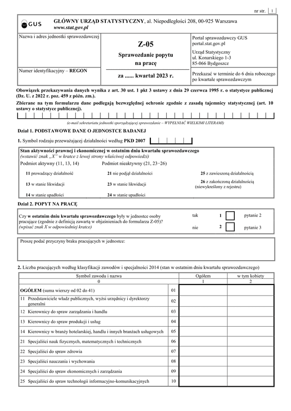 GUS Z-05 (2023) (archiwalny) Badanie popytu na pracę