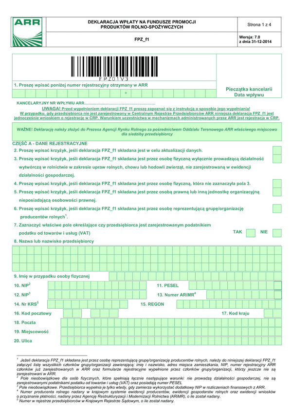 ARR FPZ_f1 7.0 (archiwalny) Deklaracja wpłaty na fundusze promocji produktów rolno-spożywczych