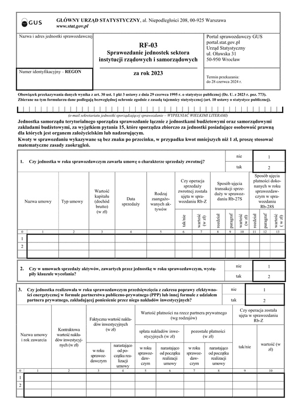GUS RF-03 (2023) Sprawozdanie jednostek sektora instytucji rządowych i samorządowych
