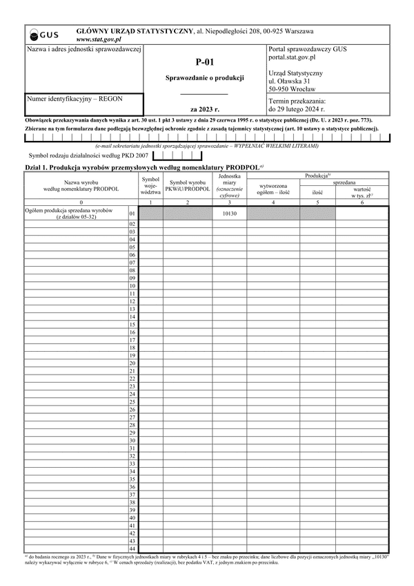 GUS P-01 (2023) Sprawozdanie o produkcji za 2023 rok
