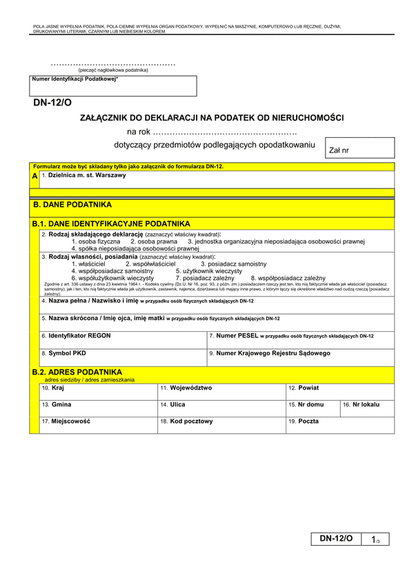 DN-12/O (archiwalny) Załącznik do deklaracji na podatek od nieruchomości - Warszawa