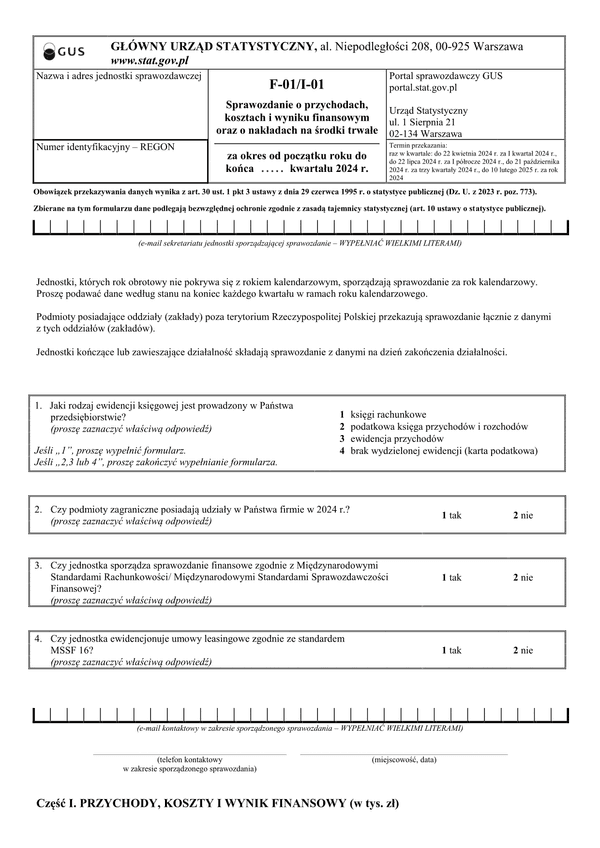 GUS F-01/I-01 (2024) Sprawozdanie o przychodach, kosztach i wyniku finansowym oraz o nakładach na środki trwałe