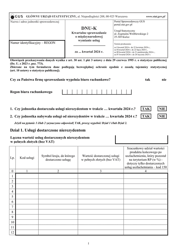 GUS DNU-K (2024) Kwartalne sprawozdanie o międzynarodowej wymianie usług