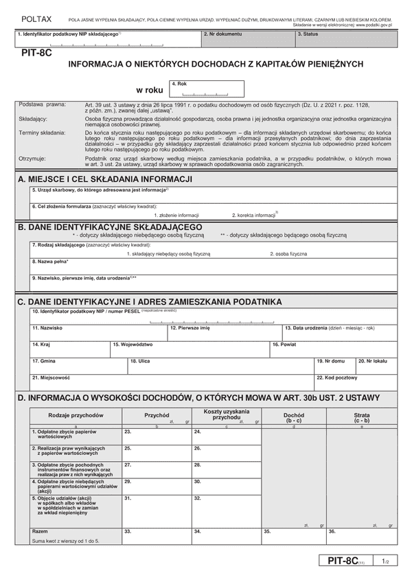 PIT-8C (11) (archiwalny) (2024) Informacja o niektórych dochodach z kapitałów pieniężnych (PIT-8C / PIT-8CZ)