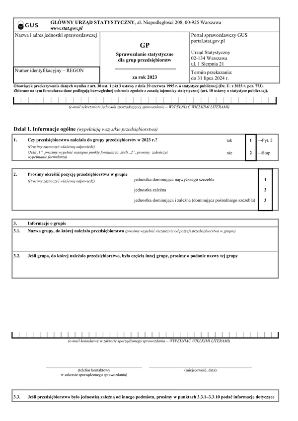 GUS GP (2023) Sprawozdanie statystyczne dla grup przedsiębiorstw za rok 2023
