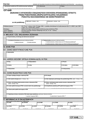 CIT-8AB (8) Zeznanie o wysokości osiągniętego dochodu (poniesionej straty) przez podatkową grupę kapitałową - podatnika podatku dochodowego od osób prawnych