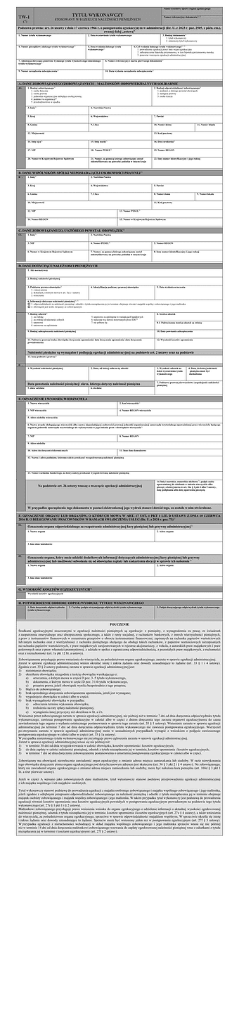 TW-1 Tytuł wykonawczy stosowany w egzekucji należności pieniężnych