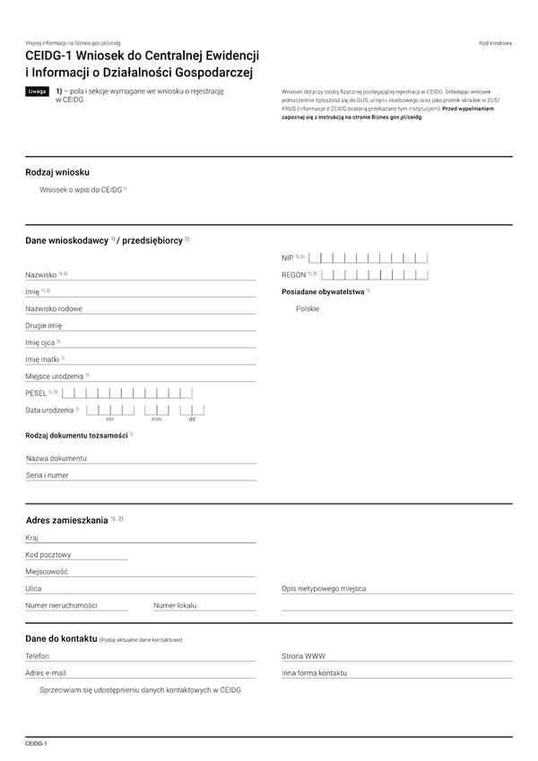 CEIDG Wniosek o wpis do centralnej ewidencji i informacji o działalności gospodarczej (wysyłka online)