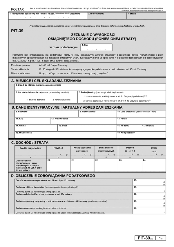 PIT-39 (12) (2024) Zeznanie o wysokości osiągniętego dochodu (poniesionej straty)