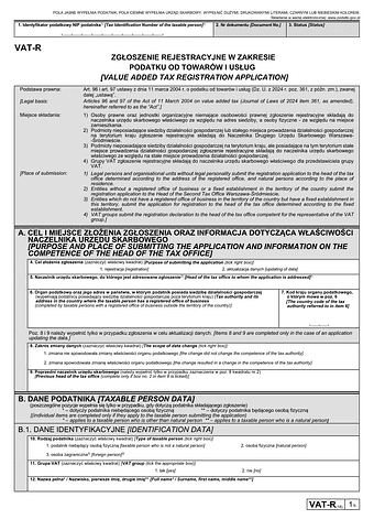 Druk VAT-R Zgłoszenie rejestracyjne w zakresie podatku od towarów i usług