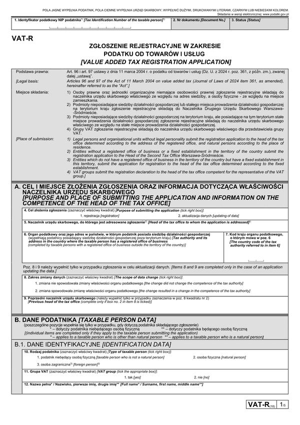 Druk VAT-R Zgłoszenie rejestracyjne w zakresie podatku od towarów i usług