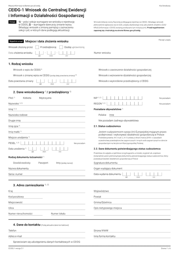 CEIDG-1 (3.1) Wniosek o wpis do centralnej ewidencji i informacji o działalności gospodarczej