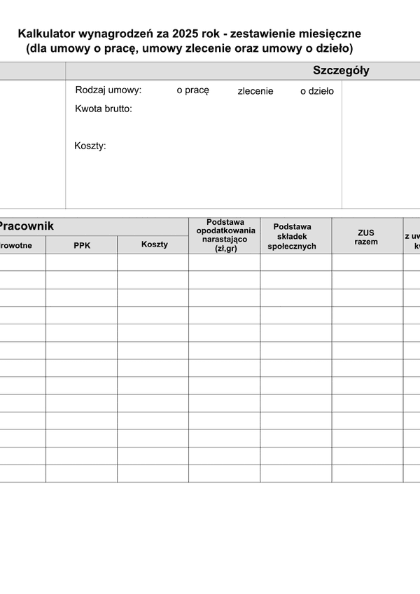 KznPZZ2025 Kalkulator kwot zaliczek i netto PIT/ZUS/zdrowotne za 2025 - zestawienie miesięczne (dla umowy o pracę, umowy zlecenie oraz umowy o dzieło)