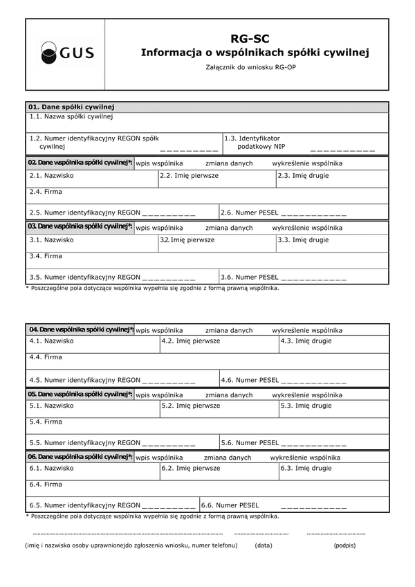GUS RG-SC Informacja o wspólnikach spółki cywilnej
