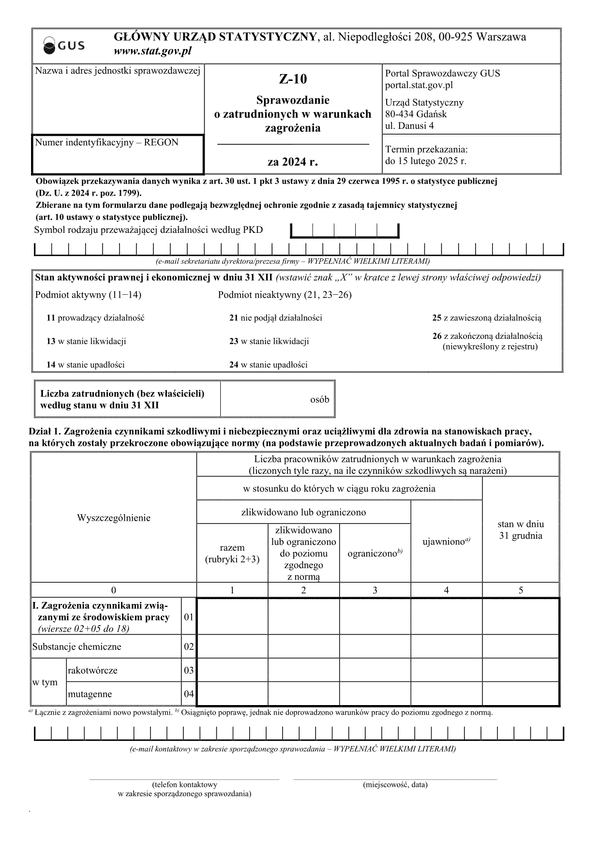 GUS Z-10 (2024) Sprawozdanie o warunkach pracy za 2024 rok
