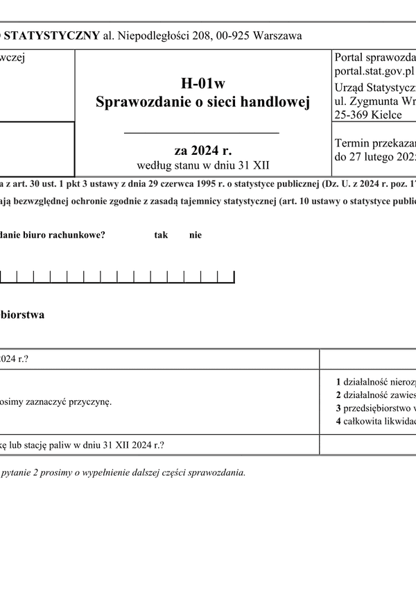 GUS H-01w (2024) Sprawozdanie o sieci handlowej według stanu w dniu 31 XII 2024 r.