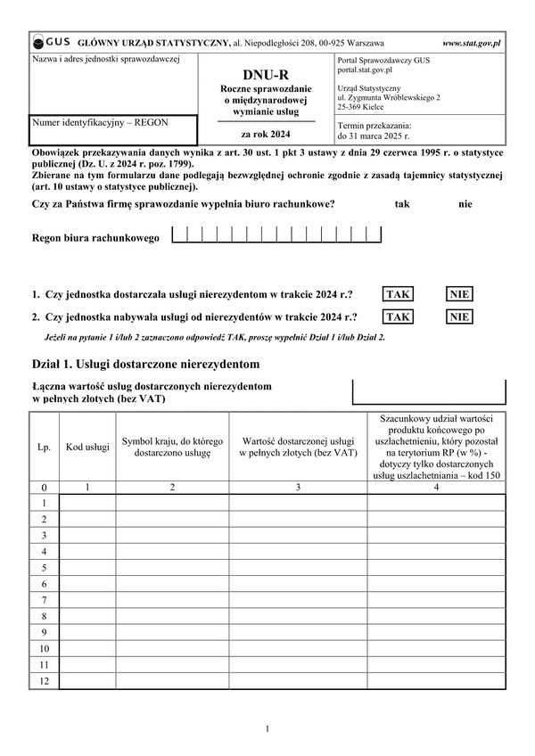 GUS DNU-R (2025) Sprawozdanie o międzynarodowej wymianie usług za rok 2024