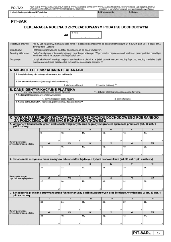 PIT-8AR (5) (2015) (archiwalny) Deklaracja roczna o zryczałtowanym podatku dochodowym