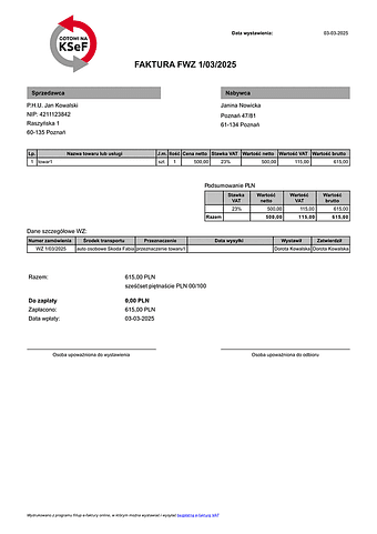FWZ Faktura wydanie na zewnątrz (zgodna z KSeF)
