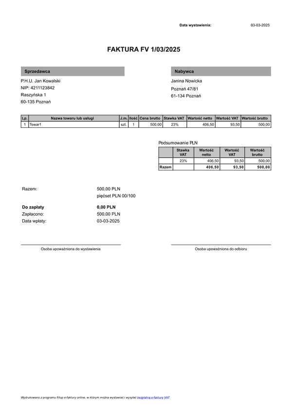 FVb Faktura VAT brutto darmowa (zgodna z KSeF)
