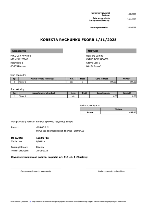 FKORR Korekta faktury bez VAT (rachunek) (zgodna z KSeF)
