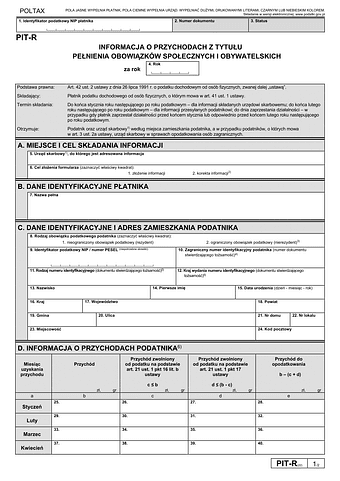 PIT-R Informacja o wypłaconych podatnikowi kwotach z tytułu pełnienia obowiązków społecznych i obywatelskich (PIT-R / PIT-RZ)