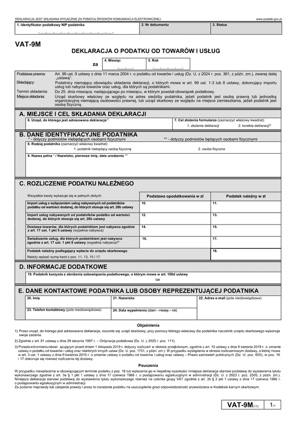 VAT-9M (11) Deklaracja dla podatku od towarów i usług