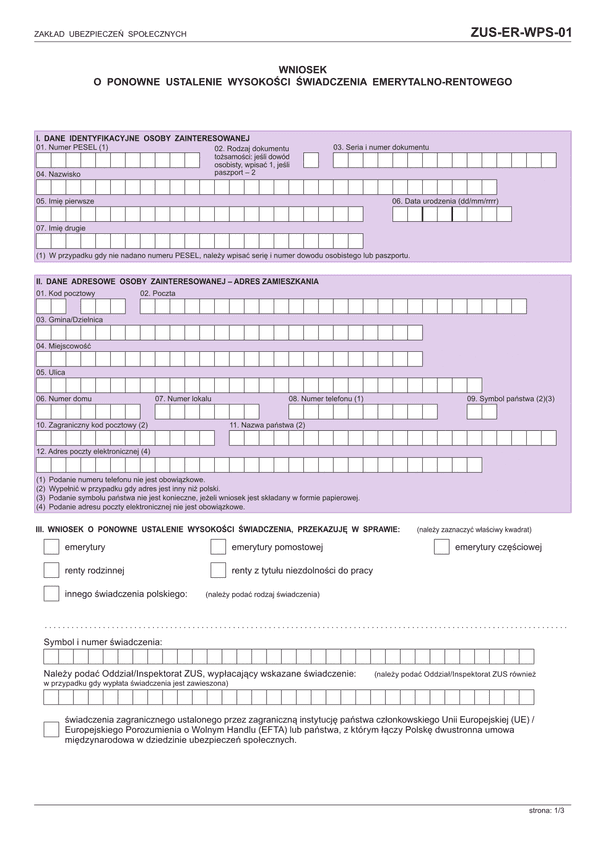 ZUS-ER-WPS-01 (archiwalny) Wniosek o ponowne ustalenie wysokości świadczenia emerytalnego-rentowego