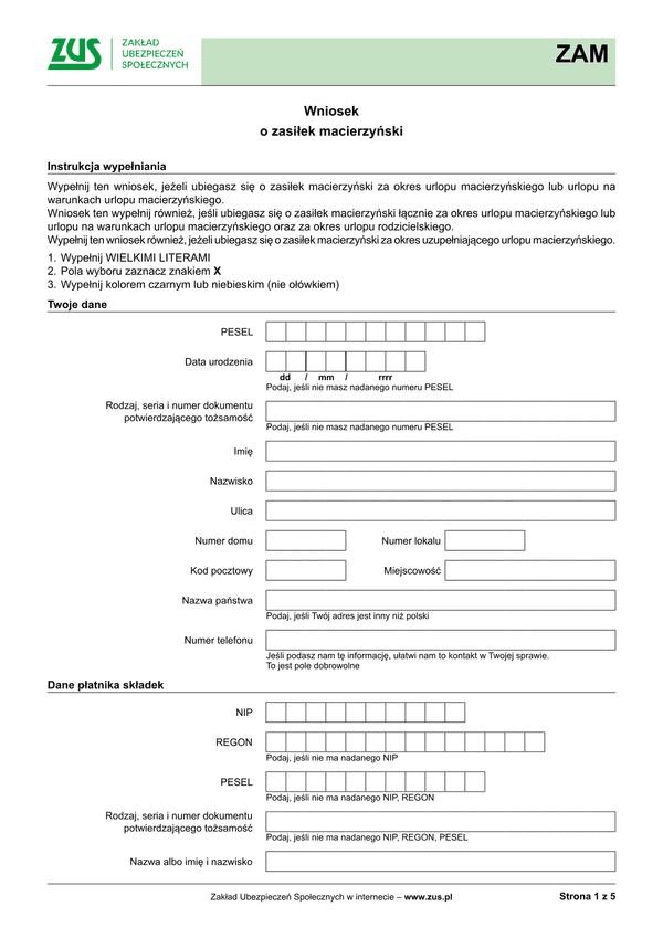 ZUS ZAM Wniosek o zasiłek macierzyński