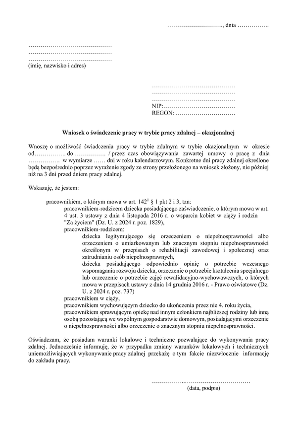 Wniosek o świadczenie pracy w trybie pracy zdalnej - okazjonalnej