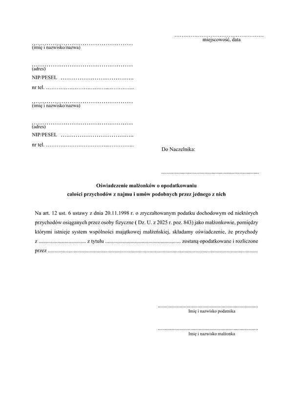 OMoOP Oświadczenie małżonków o opodatkowaniu całości przychodów z najmu i umów podobnych przez jednego z nich