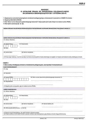 NSR-5 Wniosek o ustalenie prawa do świadczenia pielęgnacyjnego