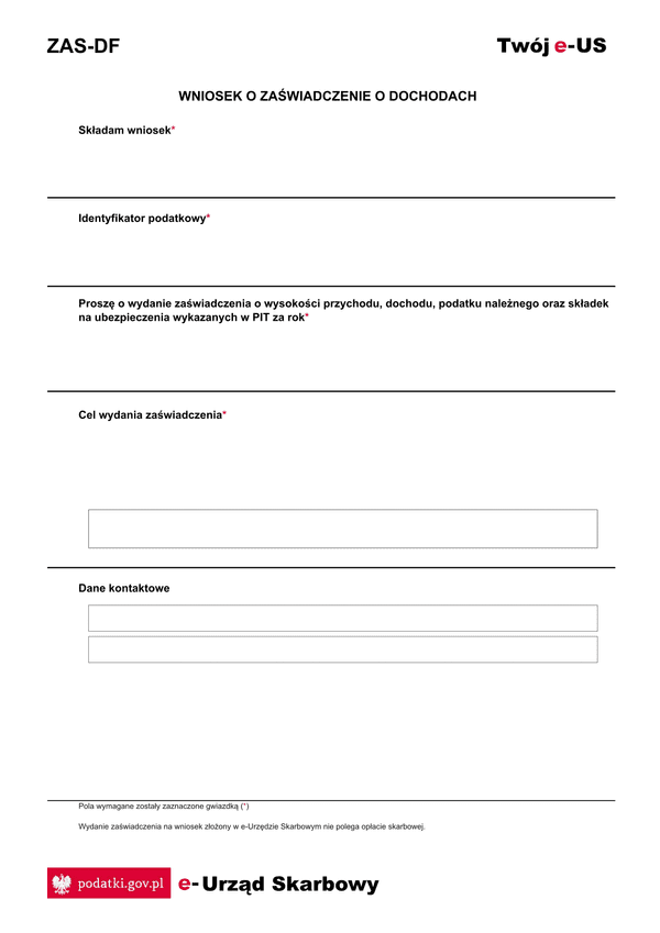 ZAS-DF (e-Urząd Skarbowy) Zaświadczenie o wysokości  dochodu podatnika w PIT
