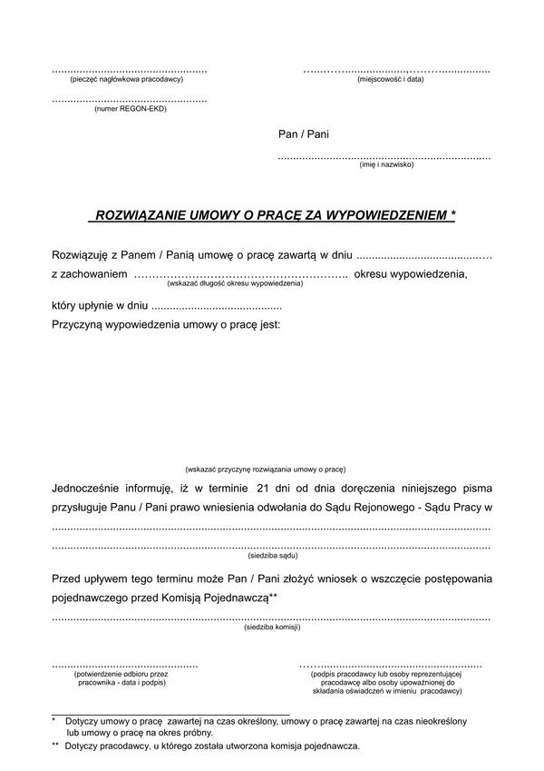 RUPW Rozwiązanie umowy o pracę za wypowiedzeniem (pracodawca)