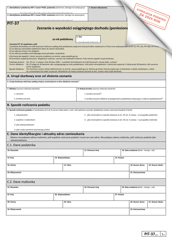 PIT-37 (31) (2025) Zeznanie o wysokości osiągniętego dochodu (lub poniesionej straty) 