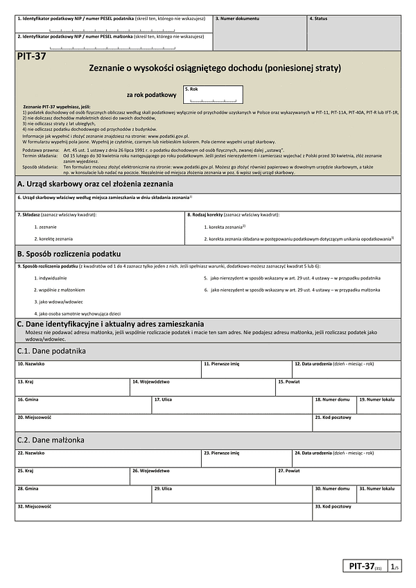 PIT-37 Zeznanie o wysokości osiągniętego dochodu lub poniesionej straty