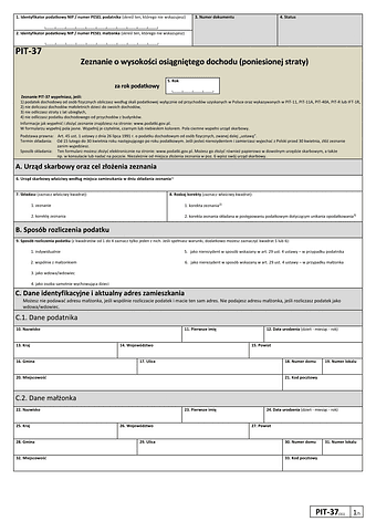  PIT-37 Zeznanie o wysokości osiągniętego dochodu lub poniesionej straty
