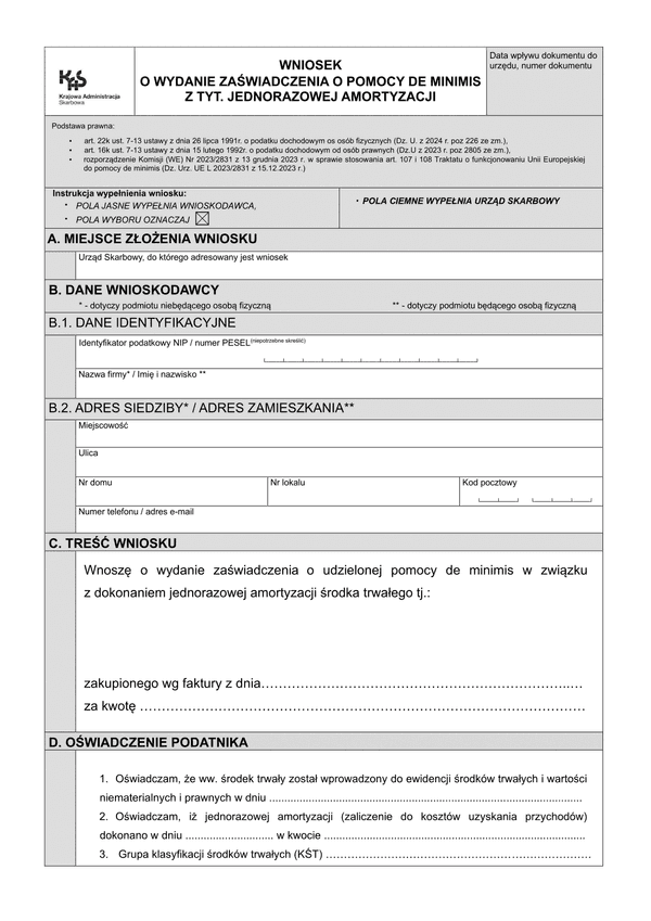 WoZJA-wp Wniosek o wydanie zaświadczenia o pomocy de minimis z tyt. jednorazowej amortyzacji - wiele pozycji