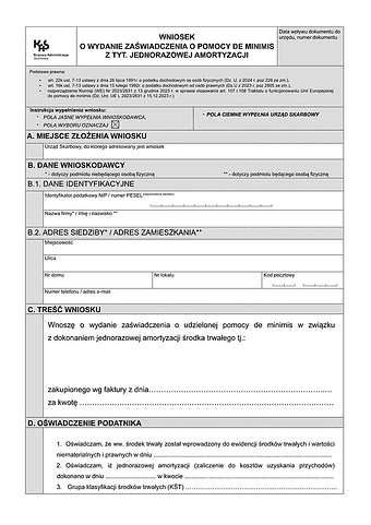 WoZJA-wp Wniosek o wydanie zaświadczenia o pomocy de minimis z tyt. jednorazowej amortyzacji - wiele pozycji