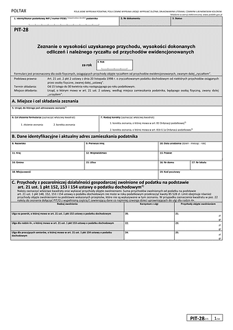  PIT-28 Zeznanie o wysokości uzyskanego przychodu, wysokości dokonanych odliczeń i należnego ryczałtu od przychodów ewidencjonowanych