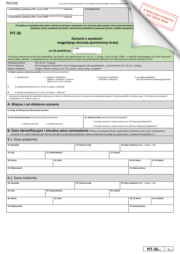 PIT-36 (32) (2025) Zeznanie o wysokości osiągniętego dochodu (poniesionej straty) 