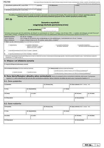  PIT-36 Zeznanie o wysokości osiągniętego dochodu (poniesionej straty)