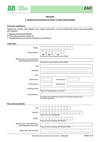 ZUS ZAO Wniosek o zasiłek macierzyński za okres urlopu ojcowskiego - wersja papierowa