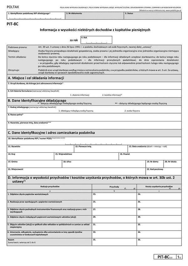 PIT-8C (12) (2025) Informacja o niektórych dochodach z kapitałów pieniężnych (PIT-8C / PIT-8CZ)