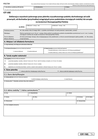 CIT-10Z deklaracja o wysokości pobranego przez płatnika zryczałtowanego podatku dochodowego od osób prawnych, od dochodów (przychodów) osiągniętych przez podatników niemających siedziby lub zarządu na terytorium Rzeczypospolitej Polskiej