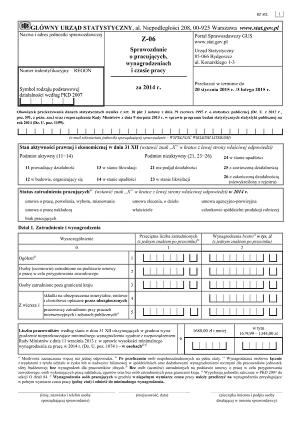 GUS Z-06 (2014) (archiwalny) Sprawozdanie o pracujących, wynagrodzeniach i czasie pracy za 2014 rok