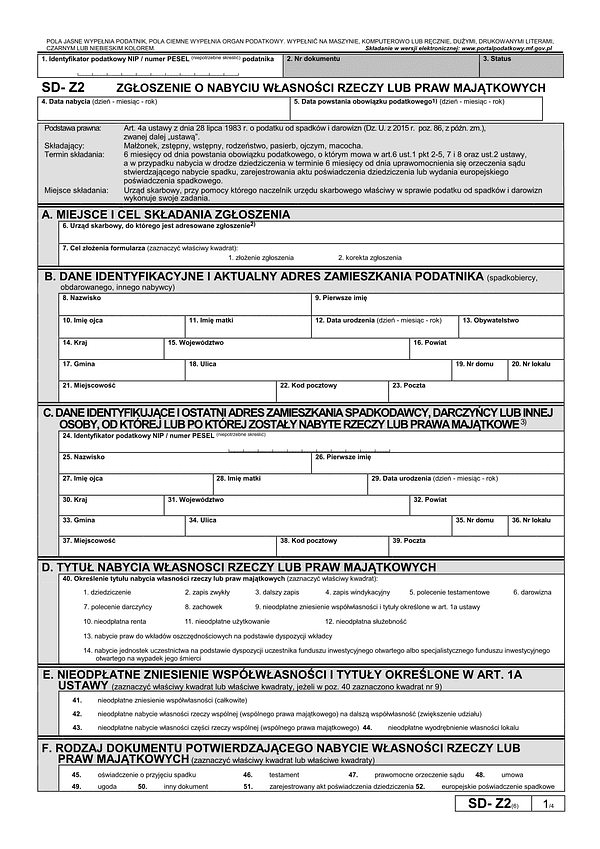 Formularz SD-Z2 – Zwolnienie z podatku od darowizny i spadku
