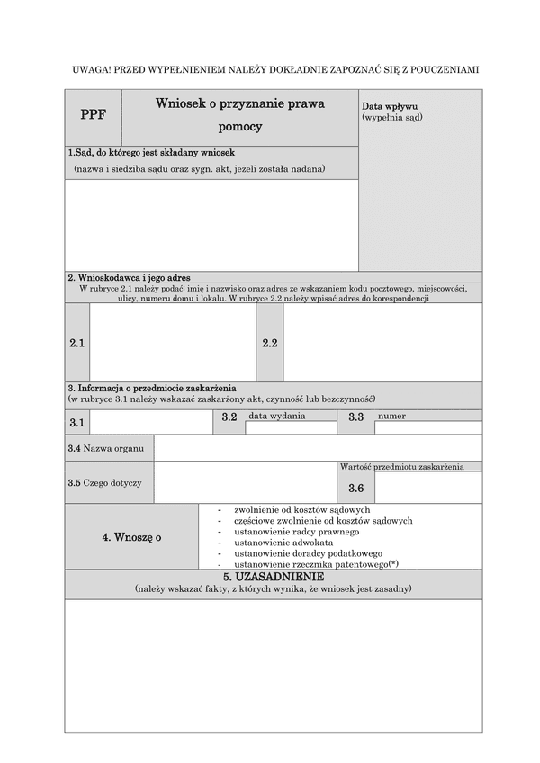 PPF (archiwalny) Wniosek o przyznanie prawa pomocy - osoba fizyczna