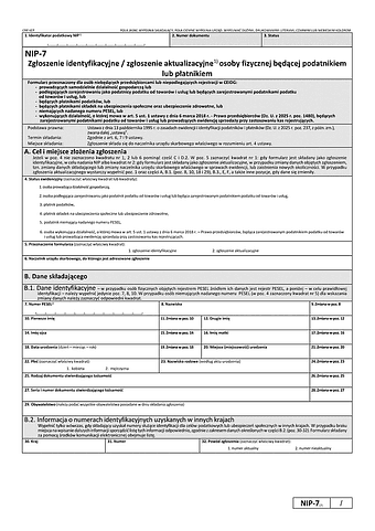 NIP-7 (7) Zgłoszenie identyfikacyjne / zgłoszenie aktualizacyjne osoby fizycznej będącej podatnikiem lub płatnikiem