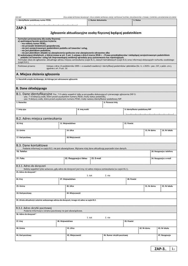 ZAP-3 (7) Zgłoszenie aktualizacyjne osoby fizycznej będącej podatnikiem 